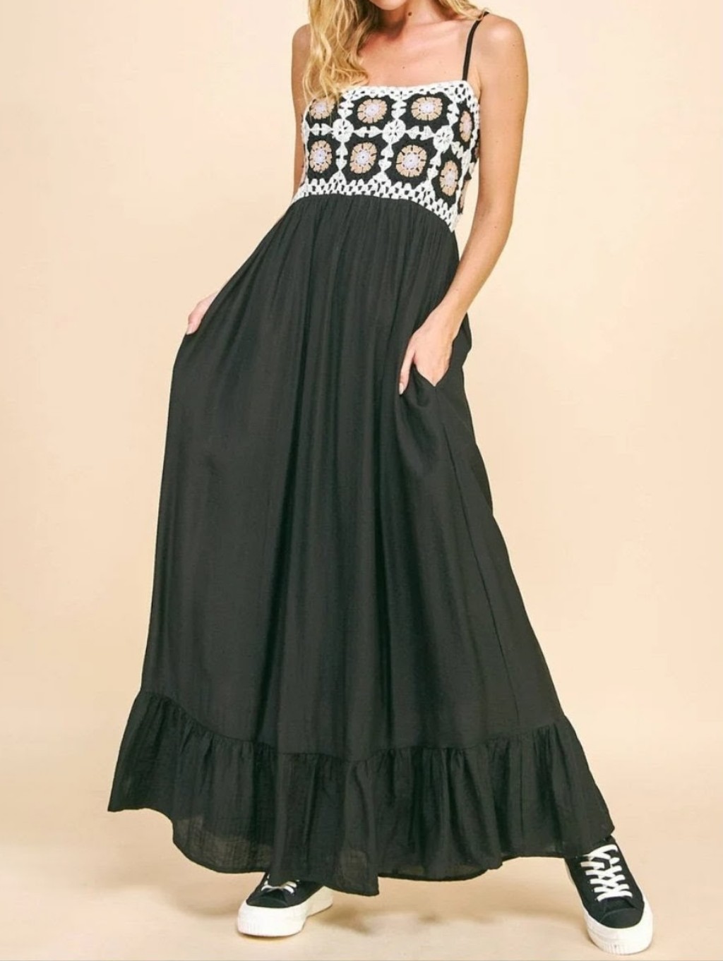 Davi And Dani Crochet Maxi Dress Ruffled Hem Adjustable Spaghetti Strap Flowy 3x